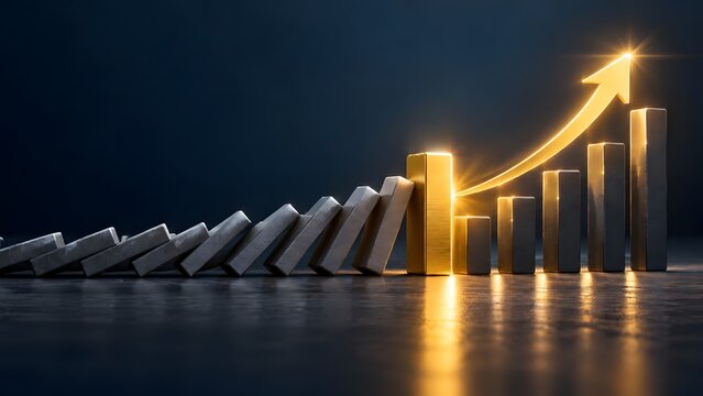 Golden domino stopping a chain reaction and transforming into an upward glowing arrow representing crisis management and economic recovery