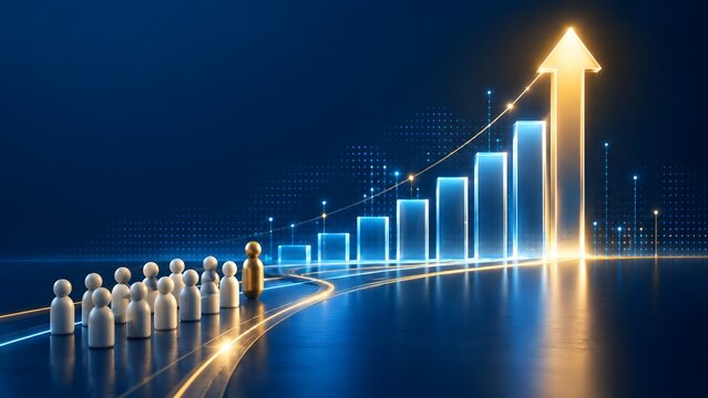 Golden leader figure guiding a team forward alongside a glowing digital bar chart showing exponential business growth and success