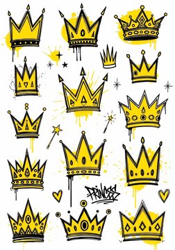 Hand-drawn crowns and royal motifs, vibrant yellow splatter, graffiti style, artistic, playful, regal, power symbols, graphic design elements.