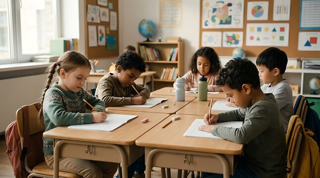 Cute pupils writing at desks in classroom at the elementary school