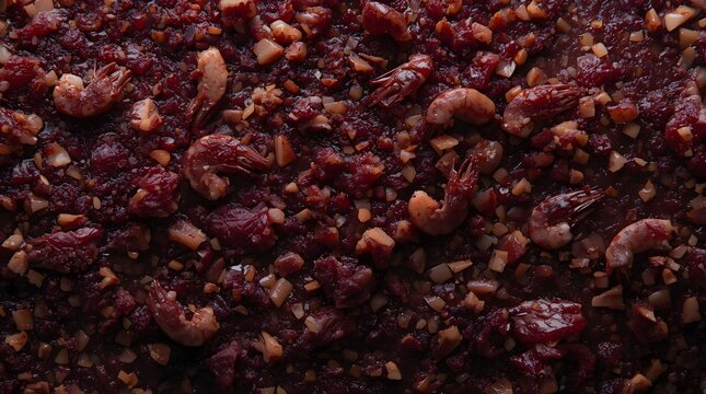 Cinematic Extreme Macro Photo of Indonesian Shrimp Paste Block, Featuring Rich Texture, Dried Shrimp, and Crushed Nuts for Authentic Asian Cooking