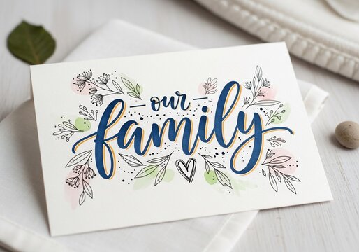 Handwritten card, floral art, "Our Family" text, love symbol, cozy home decor.