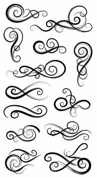 Collection of elegant black and white swirls and flourishes, decorative vector elements for design.