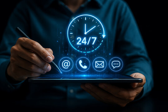 Man using tablet with twenty four seven customer service digital hologram icons.