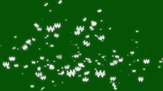 Glowing white korean won krw currency icon symbol motion graphics loop with shiny glitter particles and bokeh effect on green background for finance and business concept, economy, savings, 4k