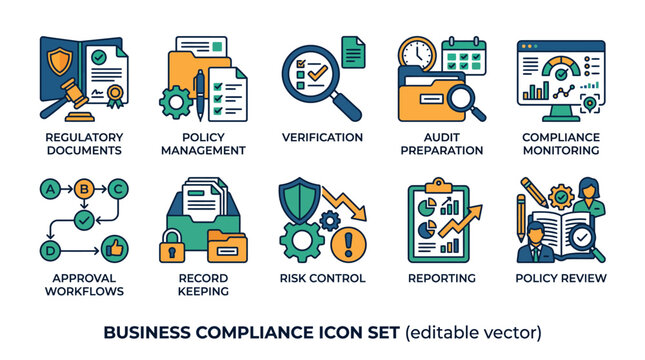 Business compliance icon set showing colorful vector illustrations for audit verification risk control and management procedures
