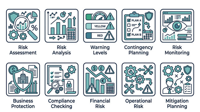 Risk management vector graphic set showing various business analysis concepts in modern flat blue icon style