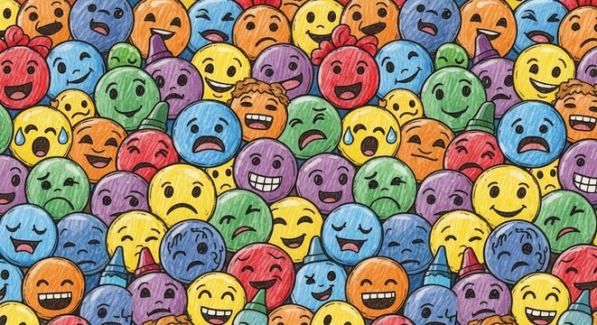 Vibrant Smiley Faces Collage: Diverse Emotions, Happy & Sad Expressions, Colorful & Cheerful Crowd