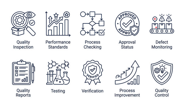 Quality control vector icon set showing business operations management processes in clean modern black line style