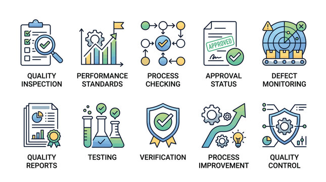 Quality assurance vector illustration set showing diverse business icons for professional industrial workflow optimization control systems