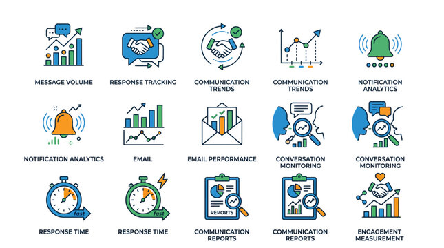Colorful business communication icon set displaying analytical data charts and progress indicators for professional digital projects