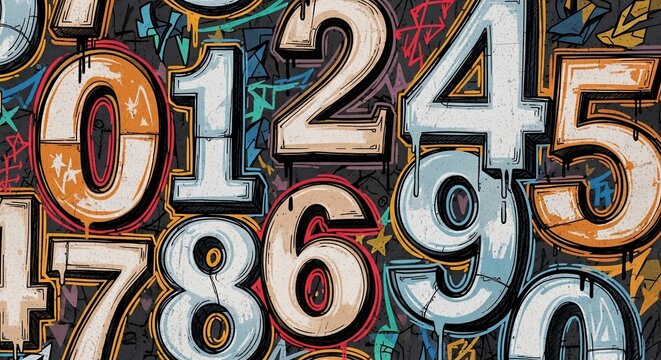 Graffiti numbers art with dripping paint, vibrant colors, abstract numeral background, urban chalk style, creative design elements