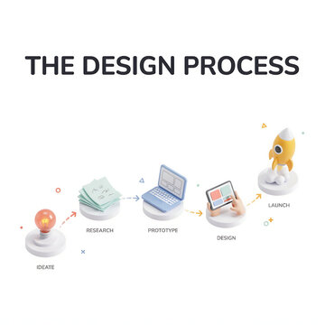 A 3D isometric infographic showing the design process from ideation to launch on a white background. Great for business planning and project management presentations.