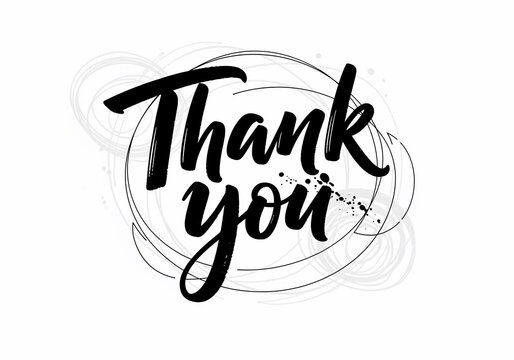 Hand-drawn "Thank you" calligraphy with abstract brush stroke circle, isolated on white background. Gratitude, appreciation, and acknowledgment graphic.