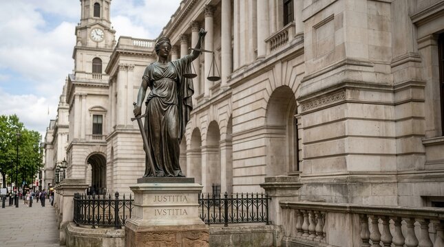 Justice Statue Outside Grand Court Building With Iconic Clock Tower