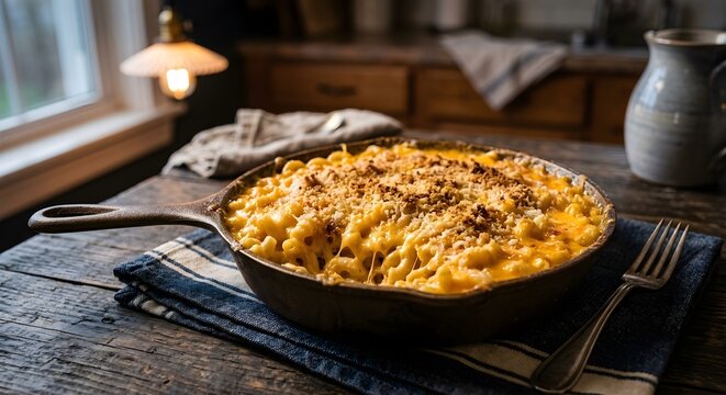 Delicious cheesy baked macaroni pasta in skillet with rustic kitchen background