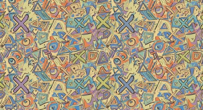 Colorful geometric abstract pattern with hand-drawn shapes.