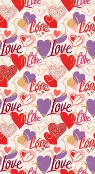 Seamless pattern of red, purple, and gold hearts with the word "Love" for romantic, celebratory, or decorative backgrounds.
