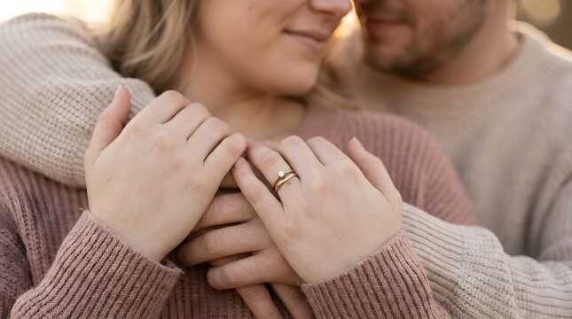 Close Up of Romantic Couple Holding Hands Warm Cozy Sweaters in Soft Natural Light