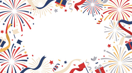 Obraz premium Vibrant national celebration frame with festive fireworks and ribbons, providing ample copy space on a bright background.