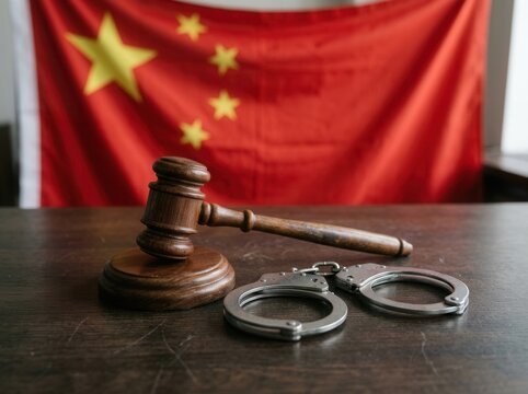 Gavel And Handcuffs On Table With Chinese Flag Background Representing Justice And Law