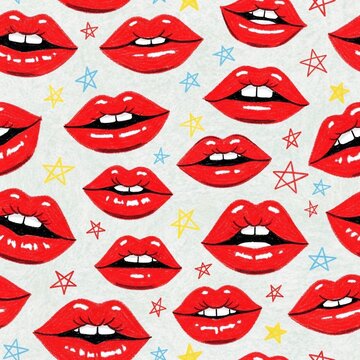 Stylized red lips pattern with star accents on white background.