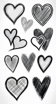 Hand-drawn heart collection, sketched affection symbols, graphic love illustrations, diverse heart designs, black and white art.