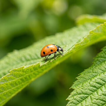 A small orange ladybug crawling on a vibrant green leaf in the garden.