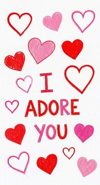 "I Adore You" message with scattered red and pink hearts on white background.