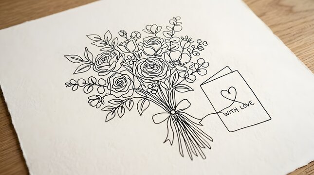 Hand-drawn Floral Bouquet Sketch with Love Tag Romantic Artistic Line Drawing