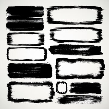Textured brush stroke frames and borders, black ink, abstract grunge design elements.