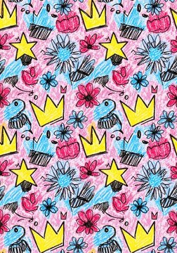 Whimsical Crown Star Flower Bird Pattern - Pink Doodle Fabric Texture