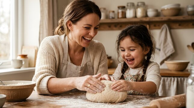 Joyful Woman and Girl Making Dough in Cozy Kitchen Warm Natural Light
