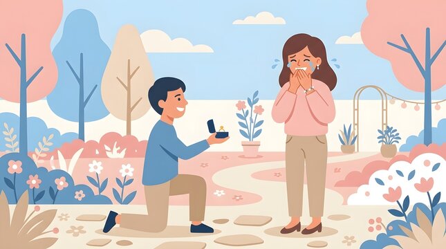 Kneeling Man Proposing to Woman Outdoors in Romantic Garden Scene with Pink and Blue Colors