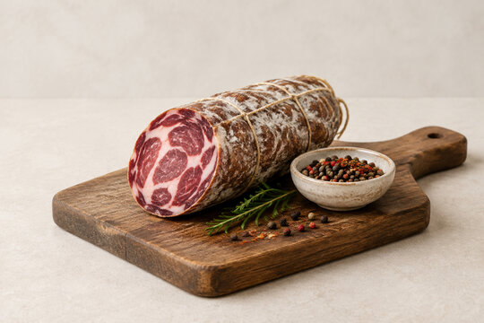 Whole capicola salami on wooden board with spices, cured meat and deli concept