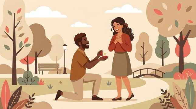 Man Proposing Marriage to Woman in Park During Autumn with Colorful Trees and Bridge