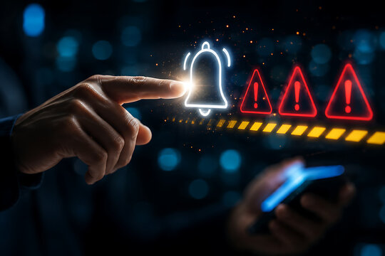 Glowing alarm bell and warning triangle icons with digital data background symbolizing cyber security alert and risk management.