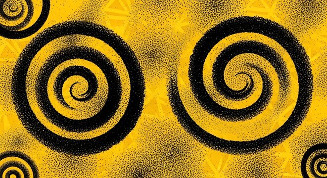 Two black spirals on yellow background with abstract pattern.