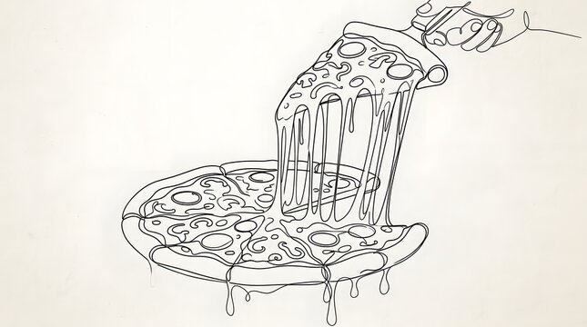 Minimalist Line Drawing of Pizza Slice Being Served on Plate