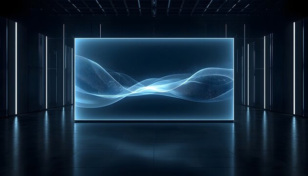 Large glowing digital screen displaying abstract blue data waves in a dark modern innovation center