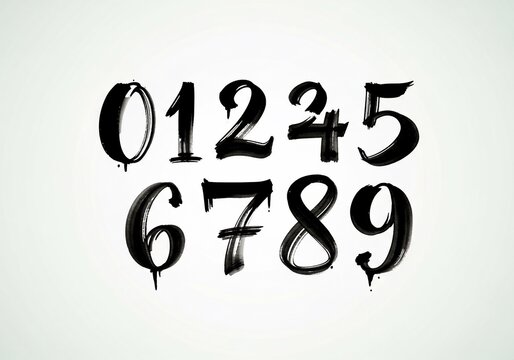 Hand-painted black numerals on white background, graphic elements, abstract digits, creative numbering, typography design, artistic count.