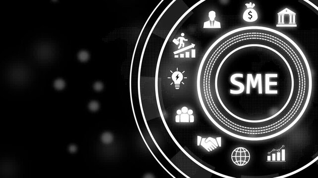Digital sme business concept animation featuring glowing circular infographic interface with corporate for small and medium enterprise growth, financial strategy, global networking, and modern