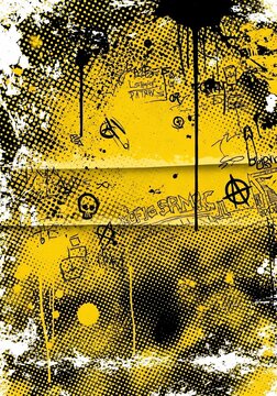 Yellow Grunge Abstract with Skulls, Safety Pins, and Drips - Urban Street Art Texture