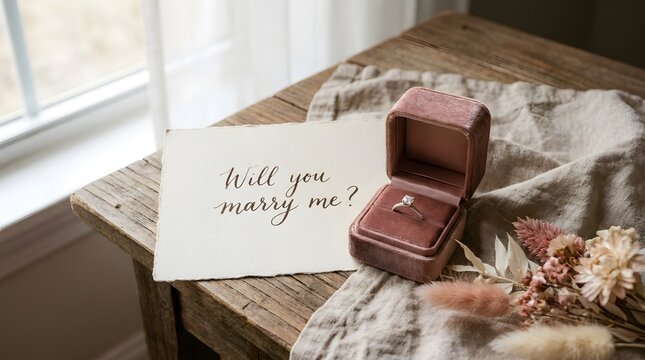 Romantic Proposal Scene with Engagement Ring in Velvet Box and Handwritten Marriage Proposal Note on Rustic Wooden Table