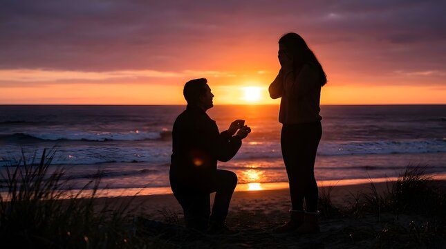 Silhouette of Man Kneeling and Woman Standing on Beach During Sunset Romantic Scene