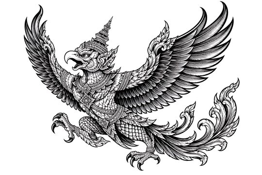 Garuda Emblem: A detailed black and white illustration of Garuda, the mythical bird-like creature, with outstretched wings and ornate embellishments, representing divine power and protection.