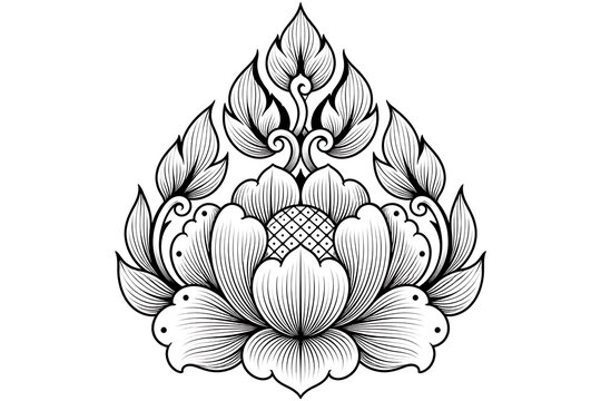 Intricate Floral Design: A detailed black and white illustration of a stylized lotus flower with ornate petals and leaves, representing a symbol of purity and enlightenment.