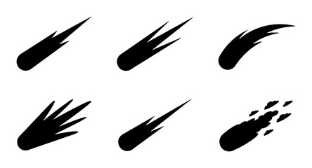 Meteorite Icons, Comet Vector Graphics, Falling Star Symbols, Space Debris Shapes, Celestial Event Illustrations, Black and White Cosmic Elements © Sadia