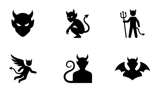 Devil Icons Set, Demon Silhouettes Collection, Evil Character Vector Graphics, Halloween Symbols Pack
