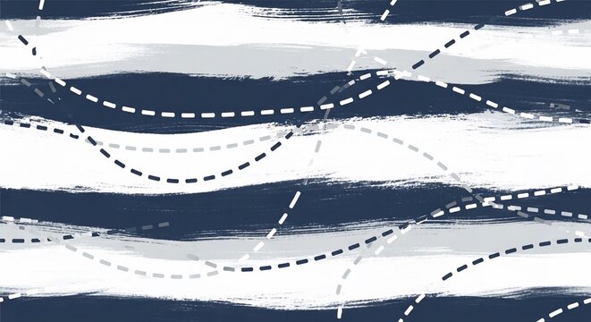 Abstract brushstrokes with dashed lines, geometric patterns, blue and white texture background.
